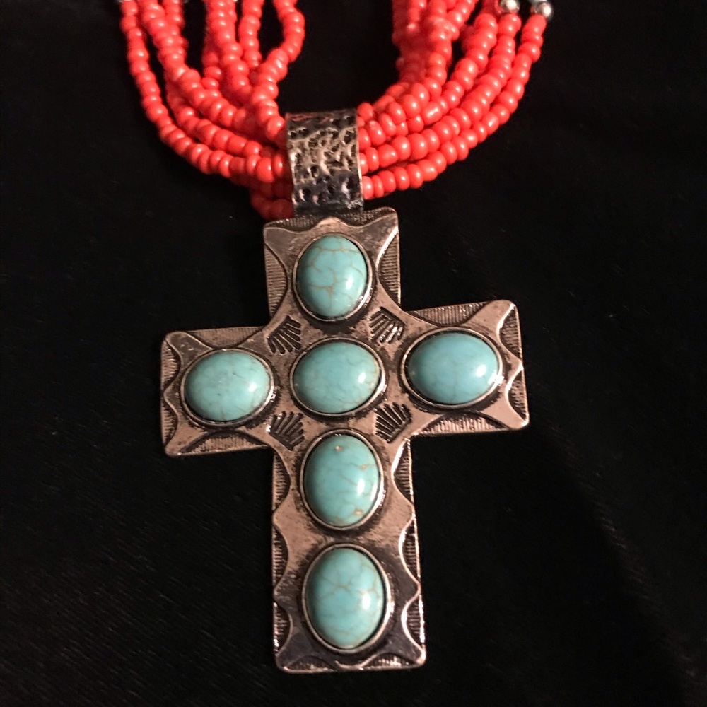 Turquoise Silver Tone Cross Necklace W/ seed beads